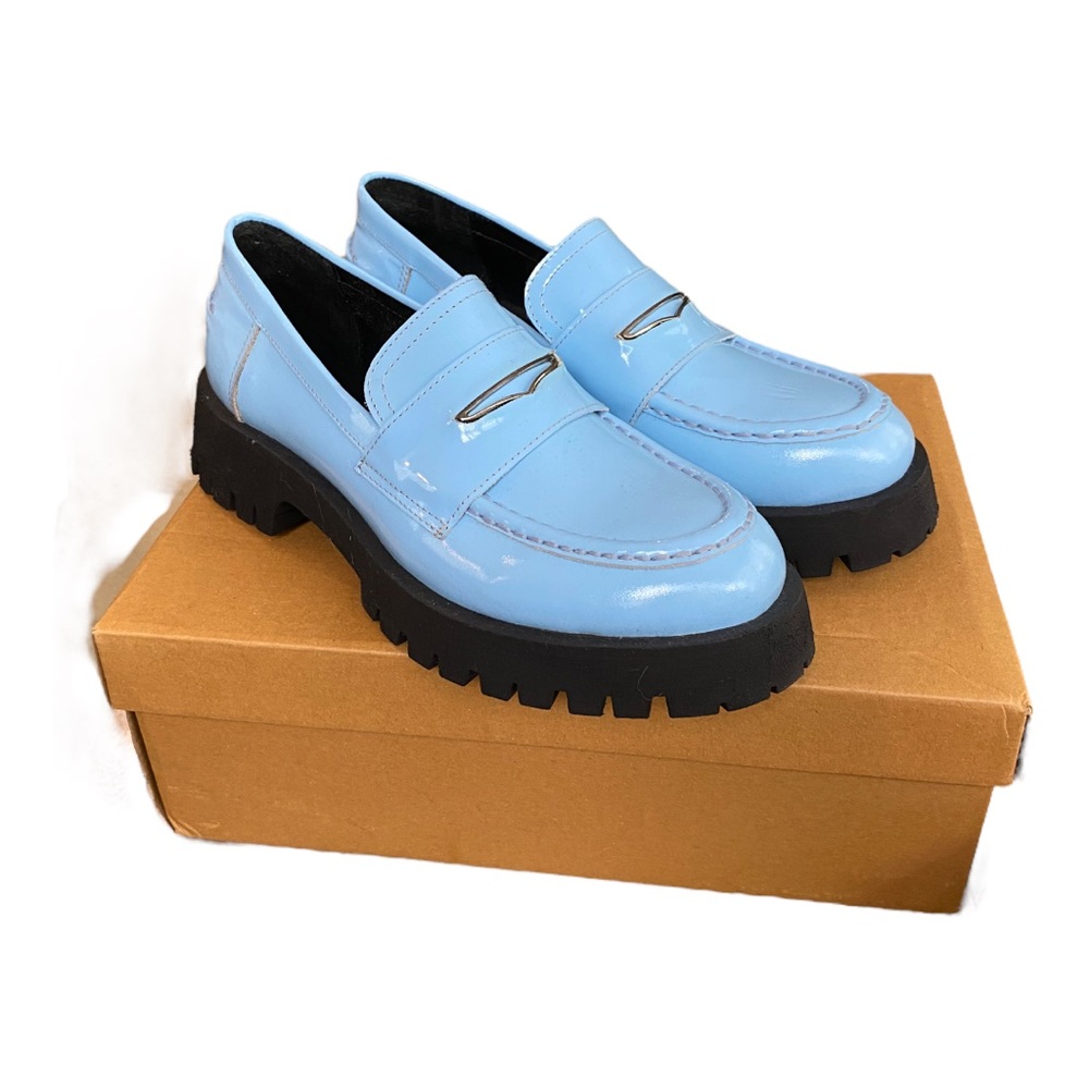Steve Madden Lawrence Platform Loafers Baby Blue Patent Leather Lug Sole